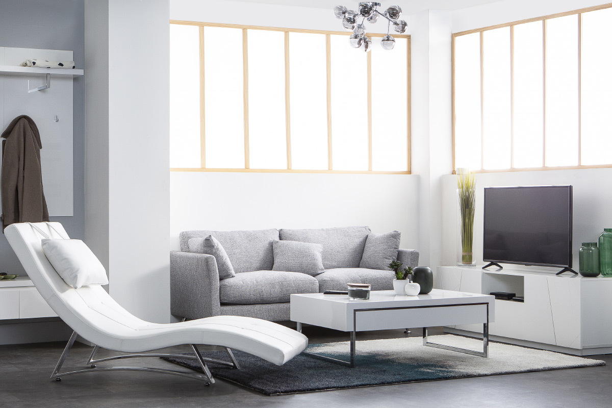 Table basse design avec tiroir blanc laqu et mtal chrom COOPER