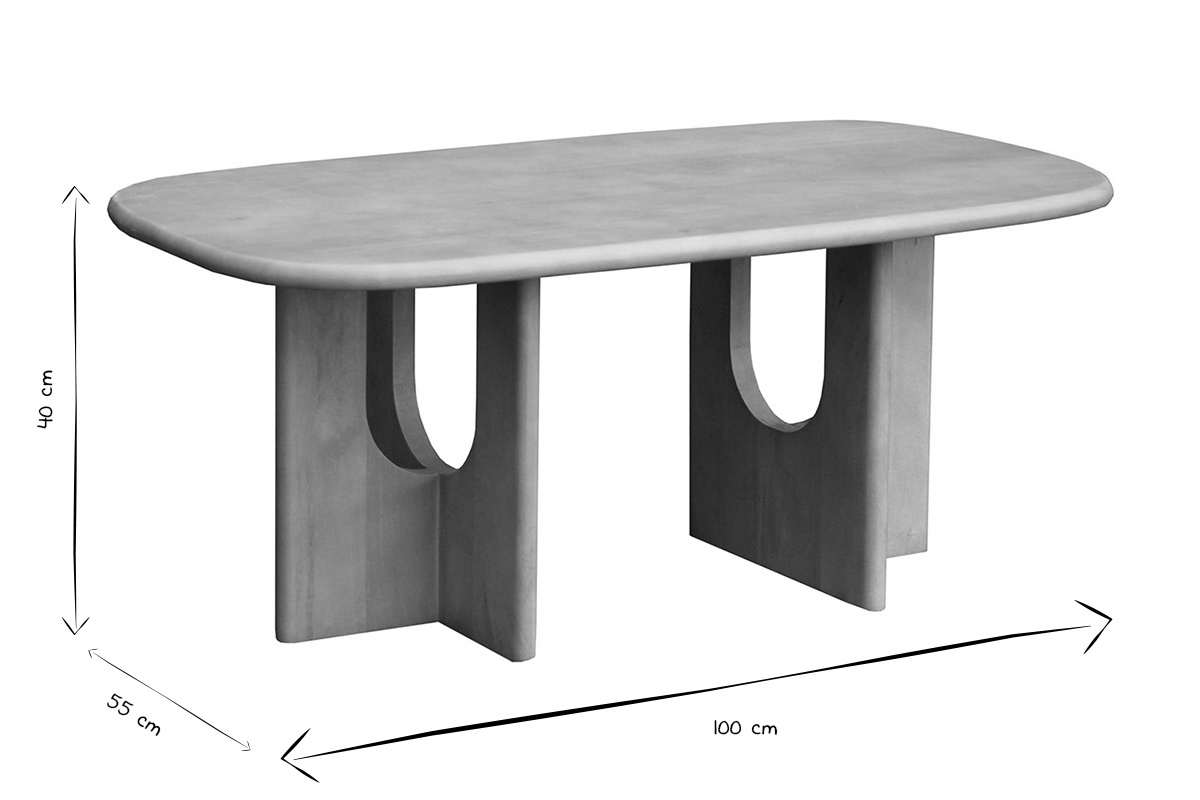 Dimensions de la table basse MASSARI en noir et blanc : 100 cm x 55 cm x 40 cm.