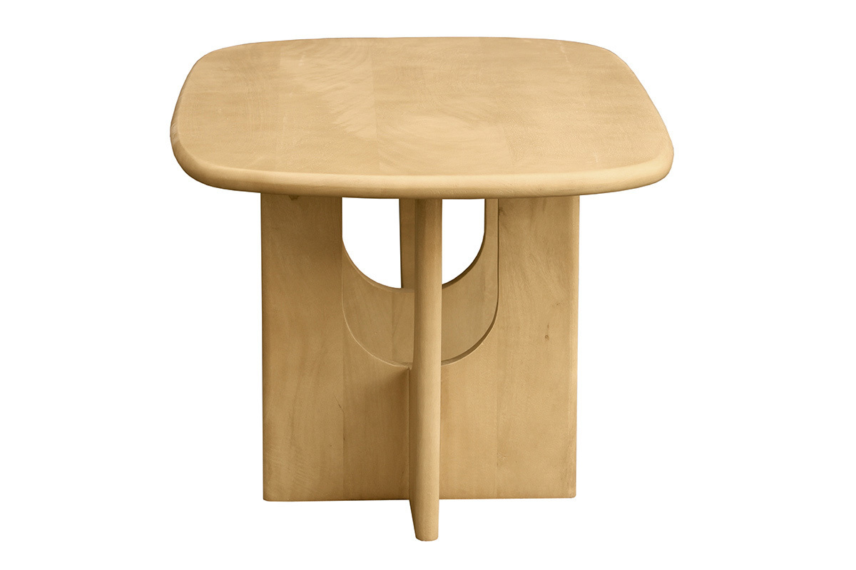 Table basse rectangulaire en manguier massif, vue de profil, avec bords arrondis et base unique.