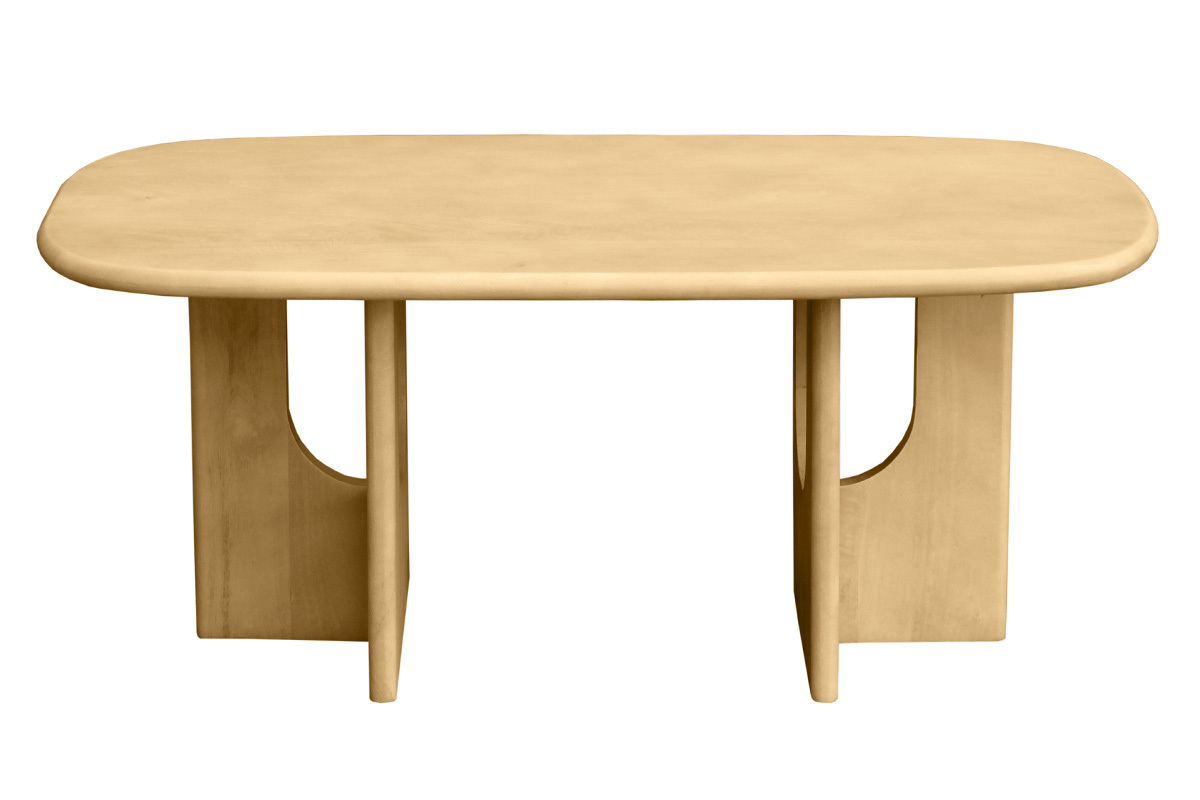 Table basse design en manguier massif, forme rectangulaire avec bords arrondis, vue de face.