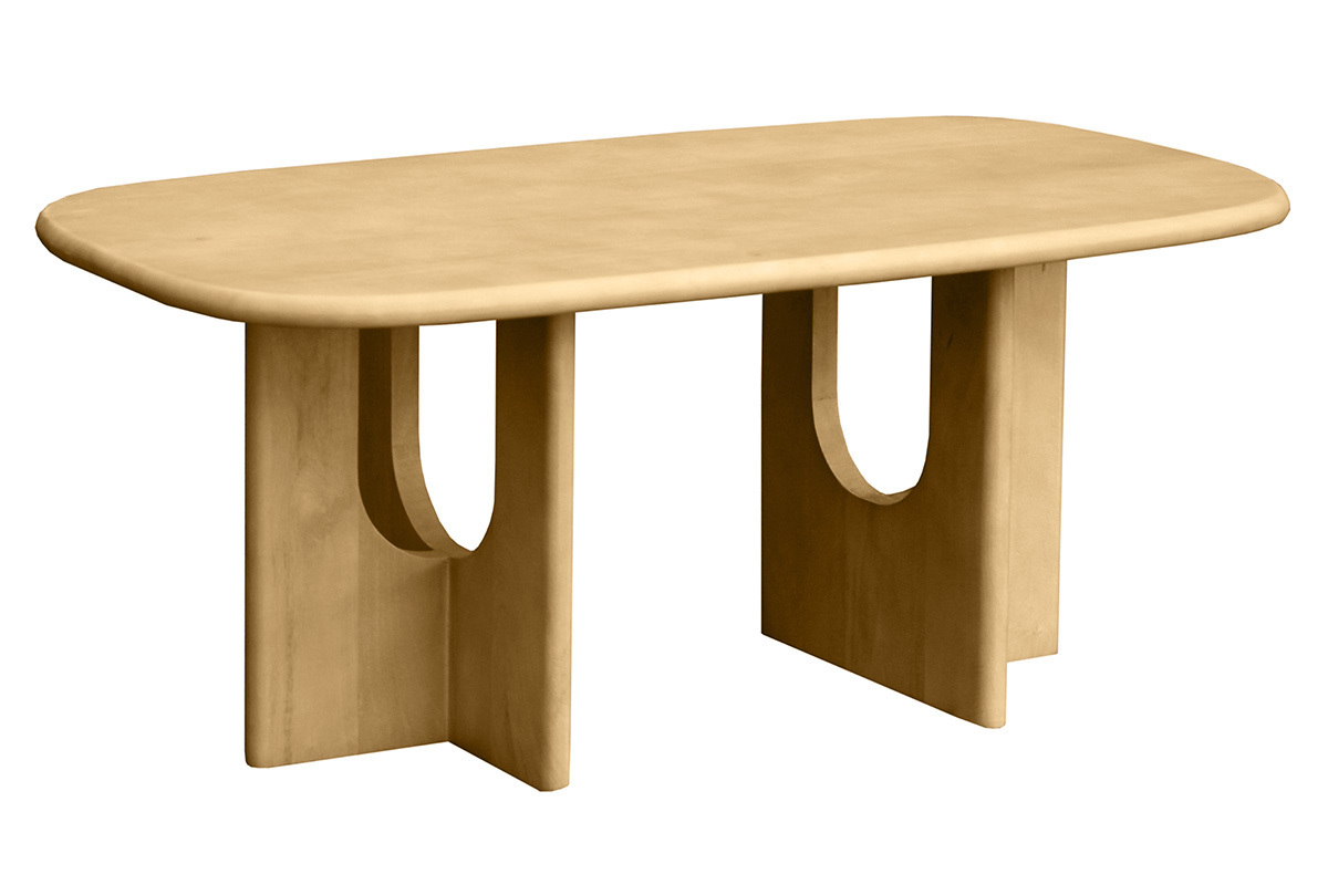 Table basse design en bois clair manguier massif, forme rectangulaire avec bords arrondis, vue de 3/4.