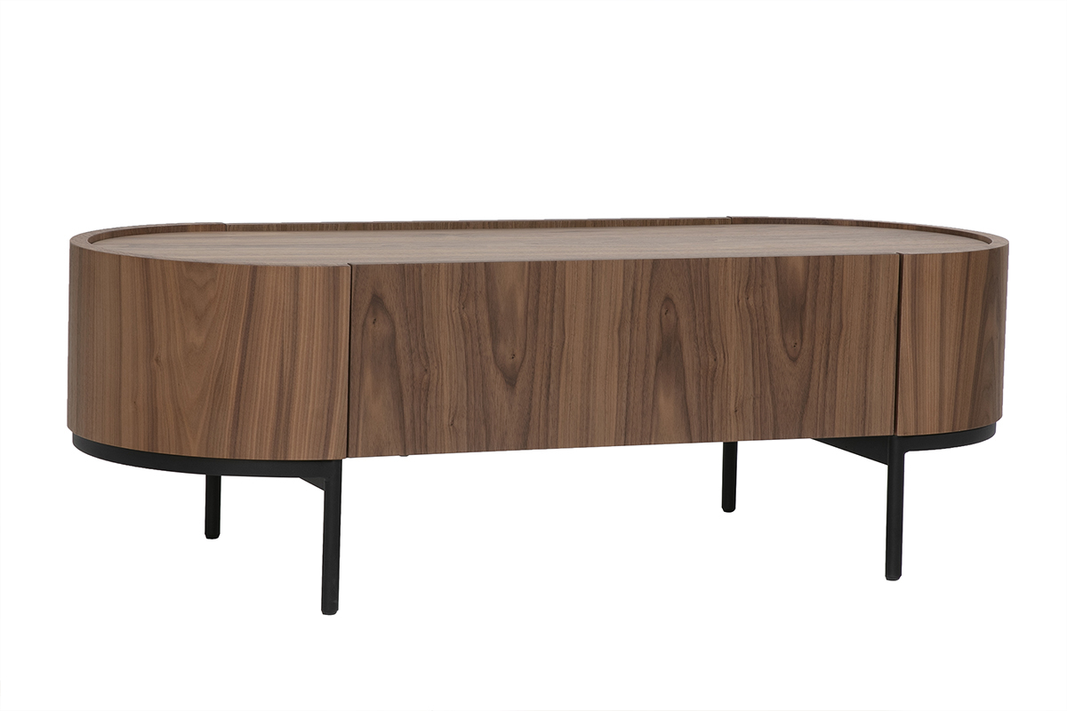 Table basse design ovale en bois fonc� noyer avec m�tal noir, vue de 3/4