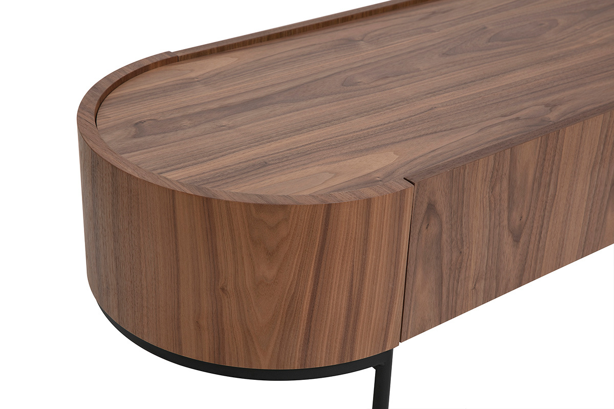 Table basse design en bois fonc� noyer et m�tal noir, vue de trois quarts, avec tiroir de rangement