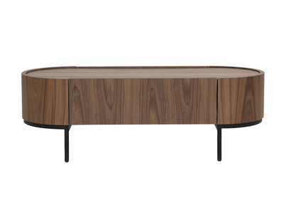 Table basse design bois fonc&eacute; noyer et m&eacute;tal noir avec rangement L120 cm SKYE