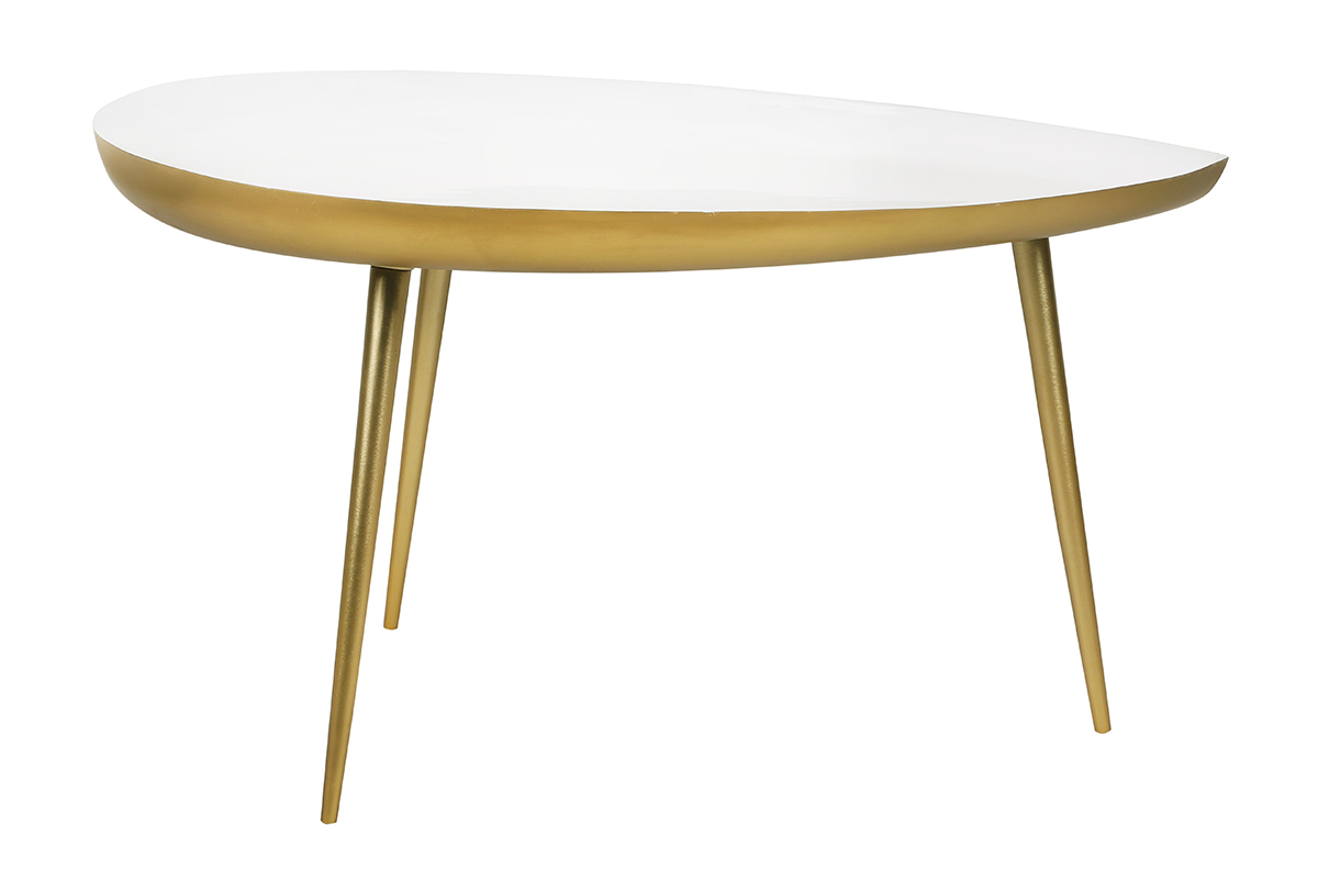 Table basse design en acier laqu blanc et dor L80 cm DROP