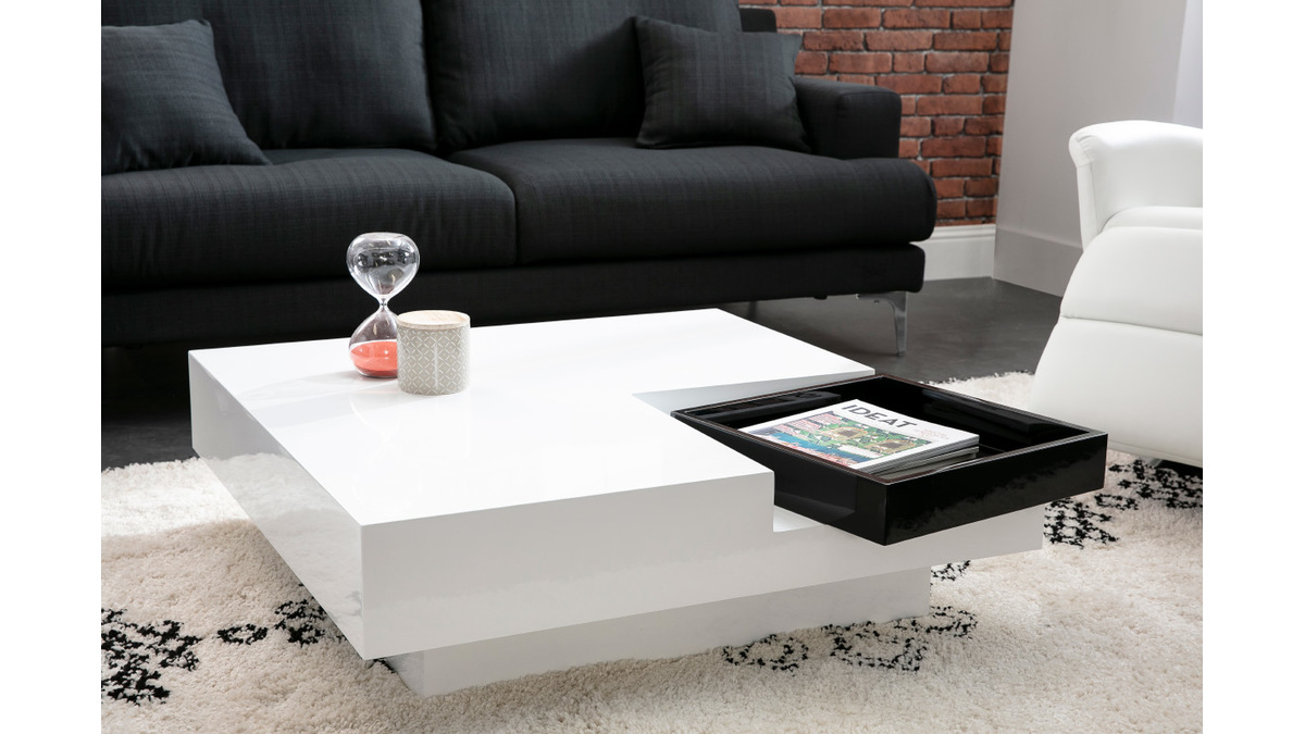 Table basse design laque blanche plateau noir amovible TEENA