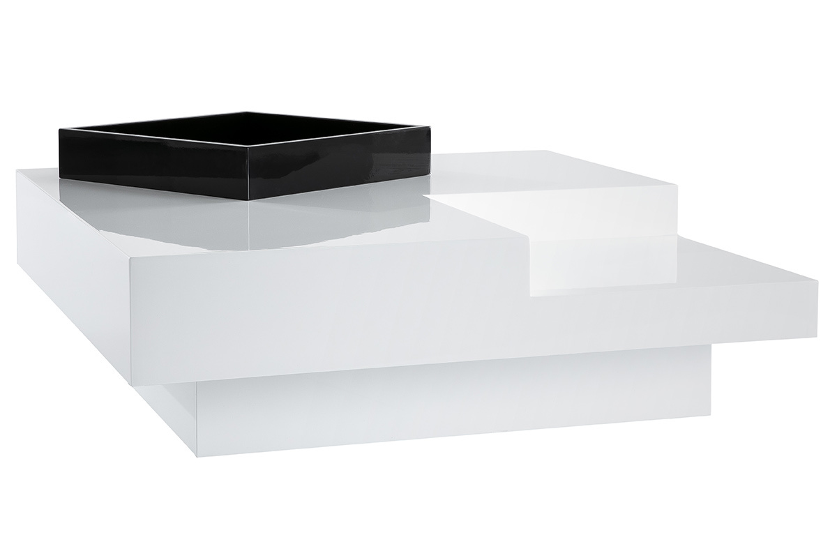 Table basse design laqu�e blanche plateau noir amovible TEENA