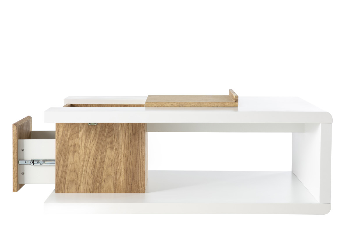 Table basse design laqu�e mat blanc et plaquage ch�ne DEEP