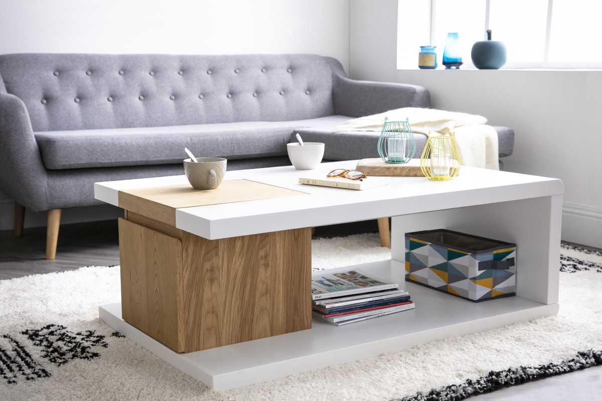 Table basse design laqu�e mat blanc et plaquage ch�ne DEEP