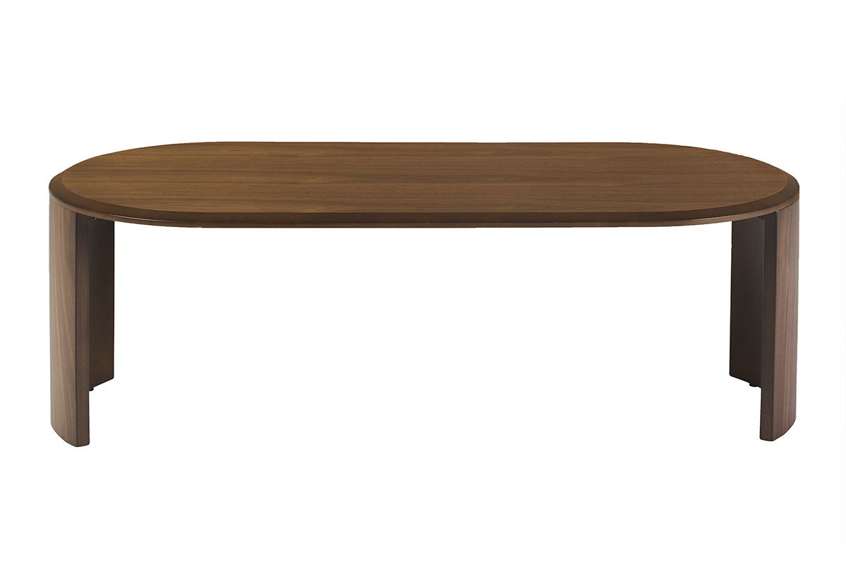 Table basse ovale en bois fonc� noyer, vue de face, dimensions L120 cm.