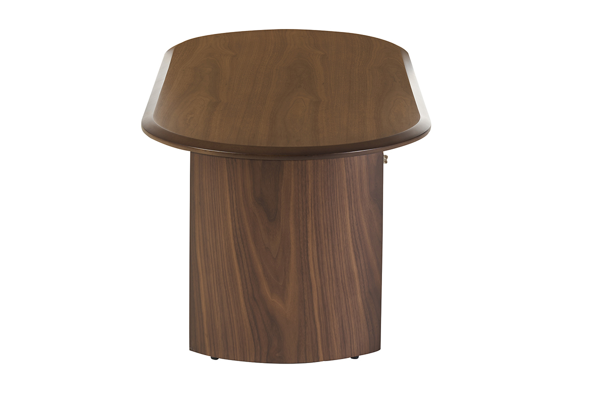 Table basse design ovale en bois fonc� noyer, vue de profil.