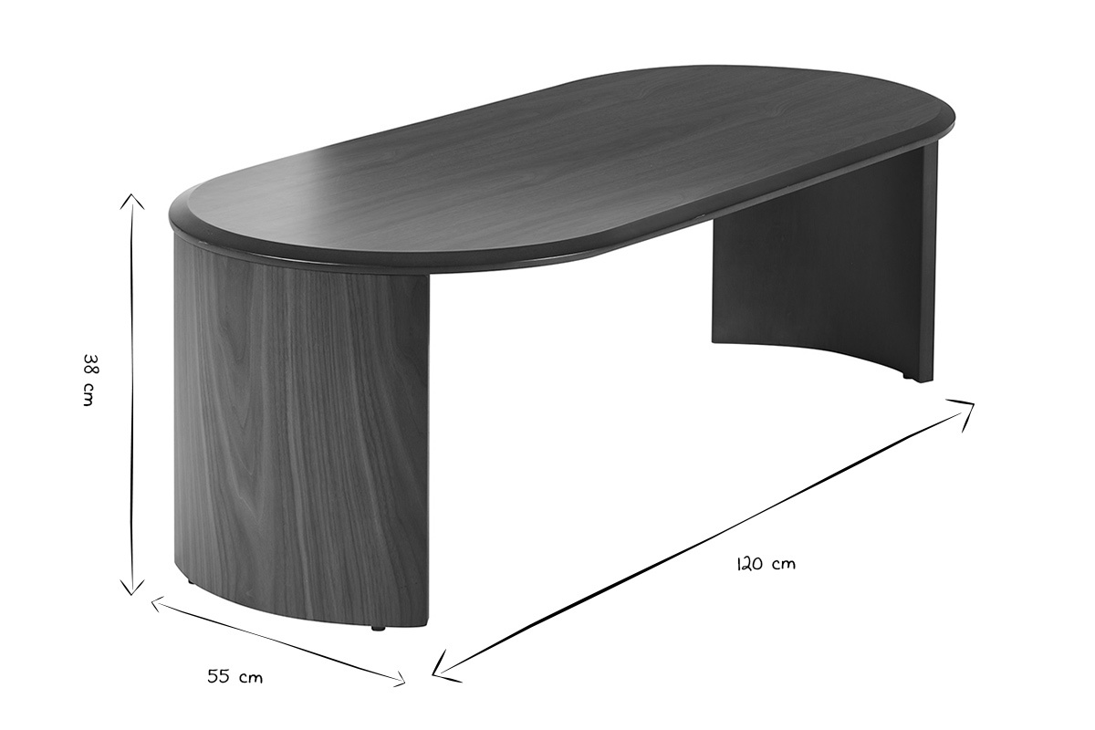 Dimensions de la table basse ovale en bois fonc�, L120 x P55 x H38 cm en noir et blanc