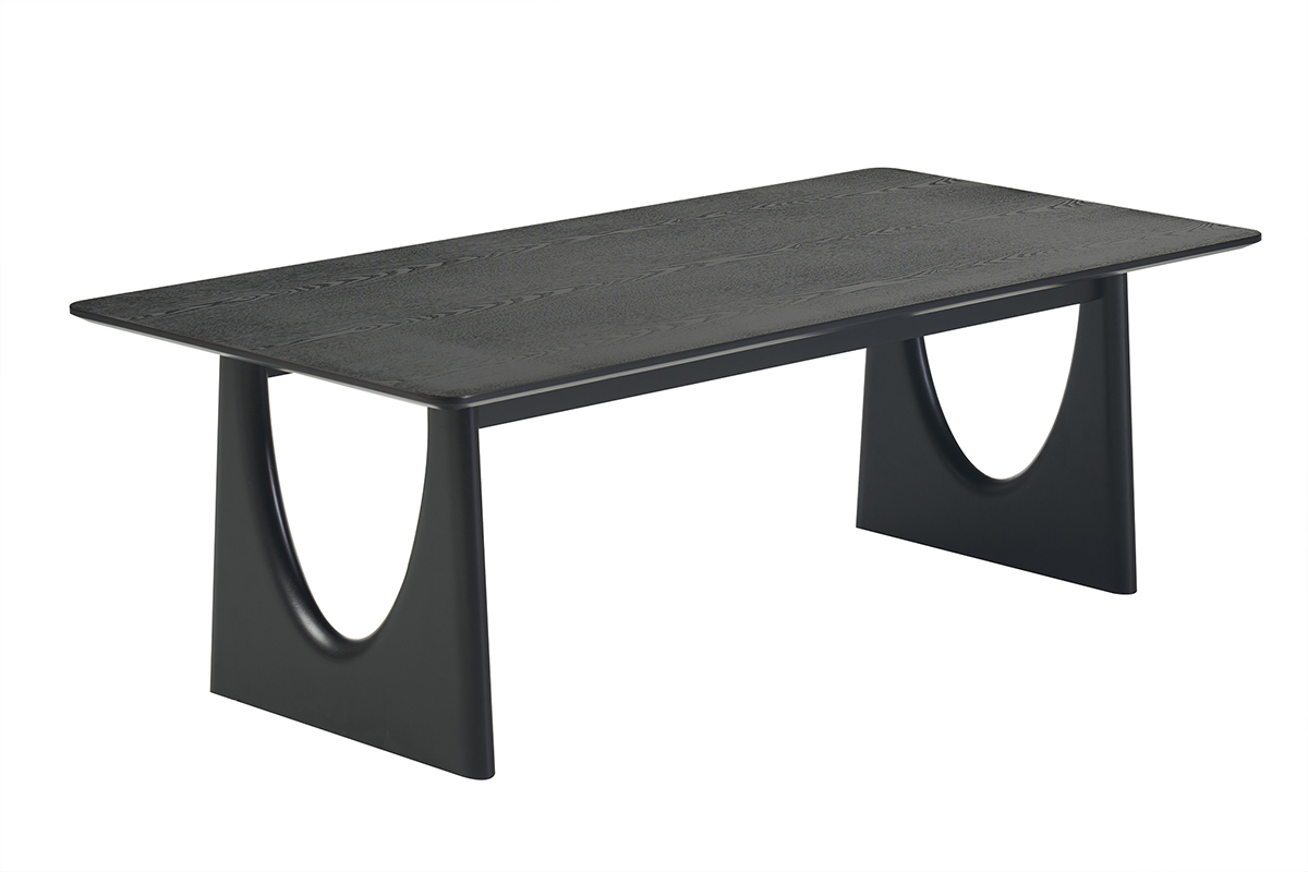 Table basse design rectangulaire noire de 120 cm avec pieds en bois, vue de 3/4.
