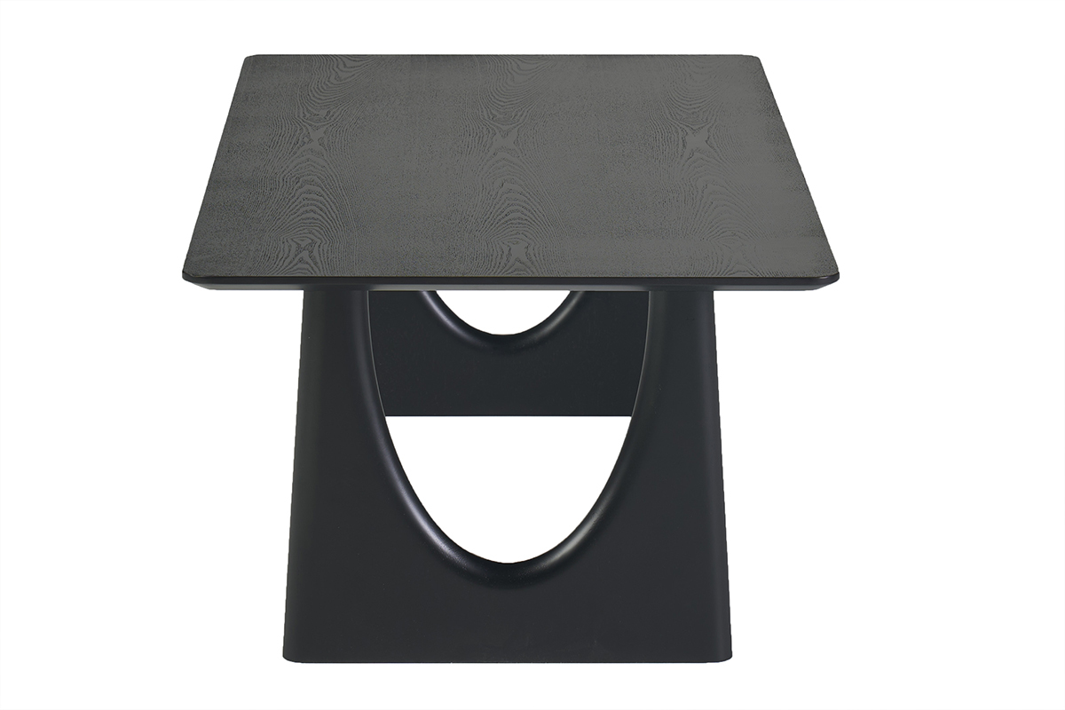 Table basse design rectangulaire noire vue de profil, dimensions L120 cm, avec base unique en bois.