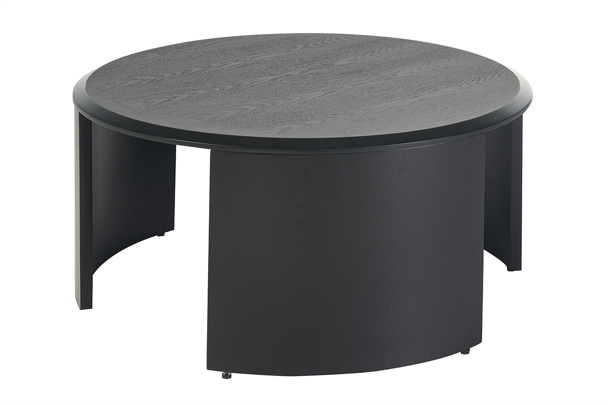Table basse ronde en bois noir, diam�tre 80 cm, vue de trois quarts