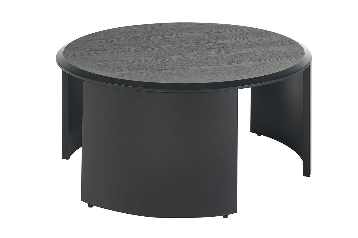 Table basse ronde en bois noir de 80 cm, design moderne avec un plateau arrondi et des courbes sculpturales.