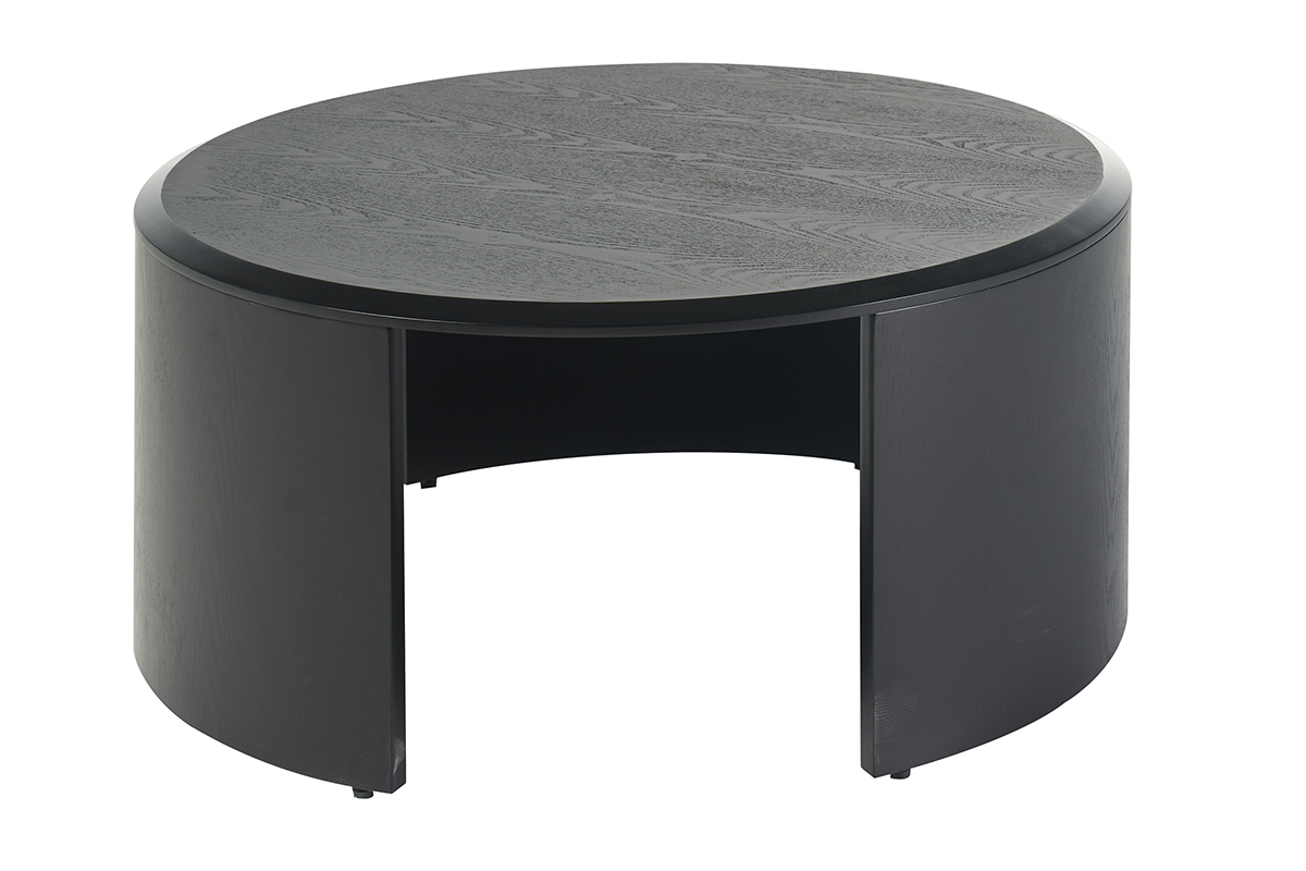 Table basse ronde design en bois noir, vue de c�t�, diam�tre 80 cm, hauteur 35 cm.