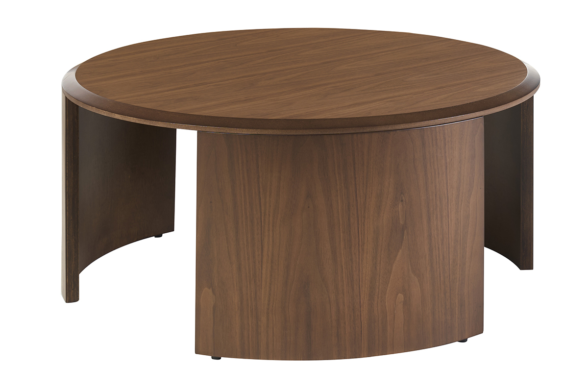 Table basse ronde en bois fonc� noyer, design moderne, vue de dos.