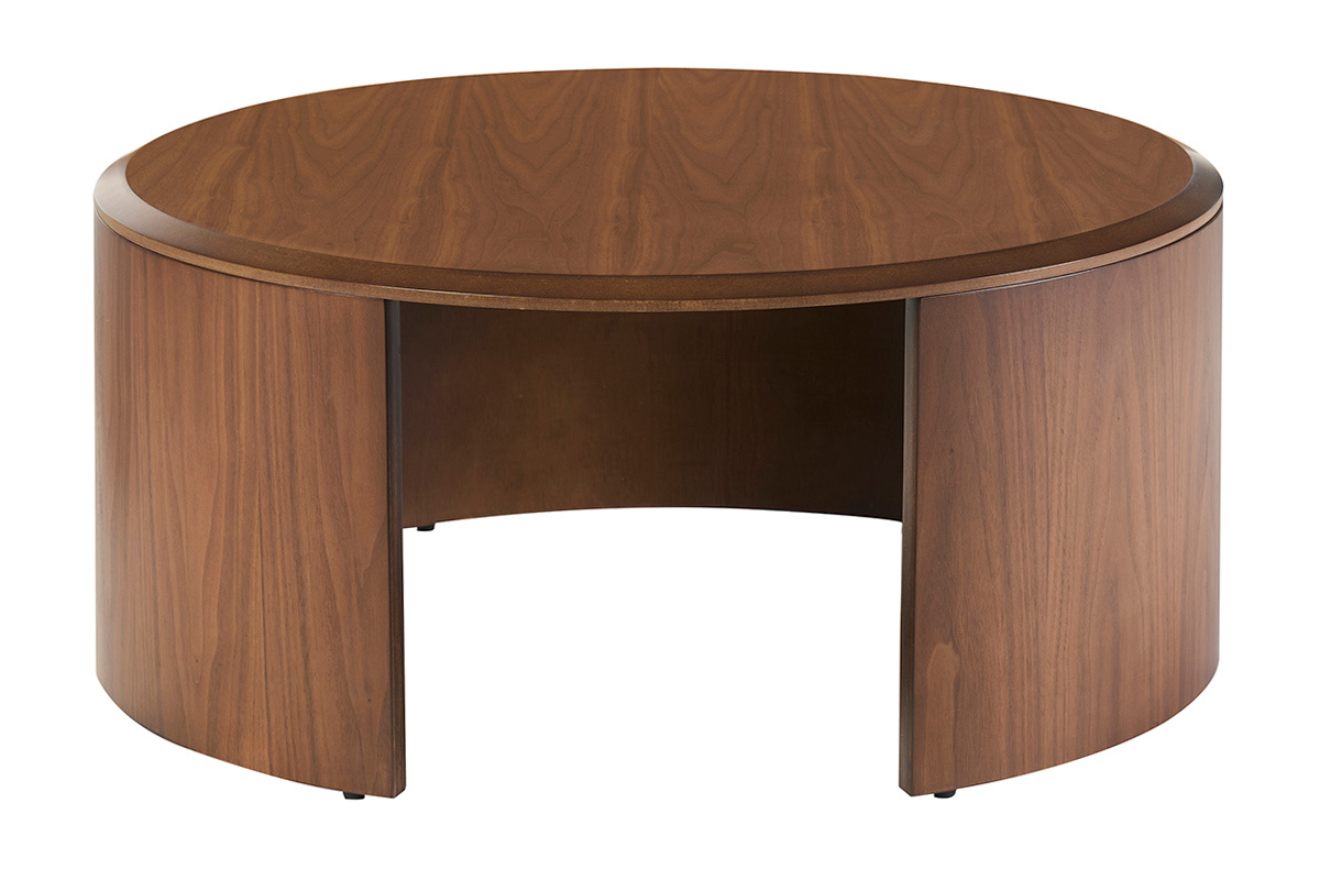 Table basse ronde en bois fonc� noyer, vue de face, diam�tre 80 cm, hauteur 35 cm.
