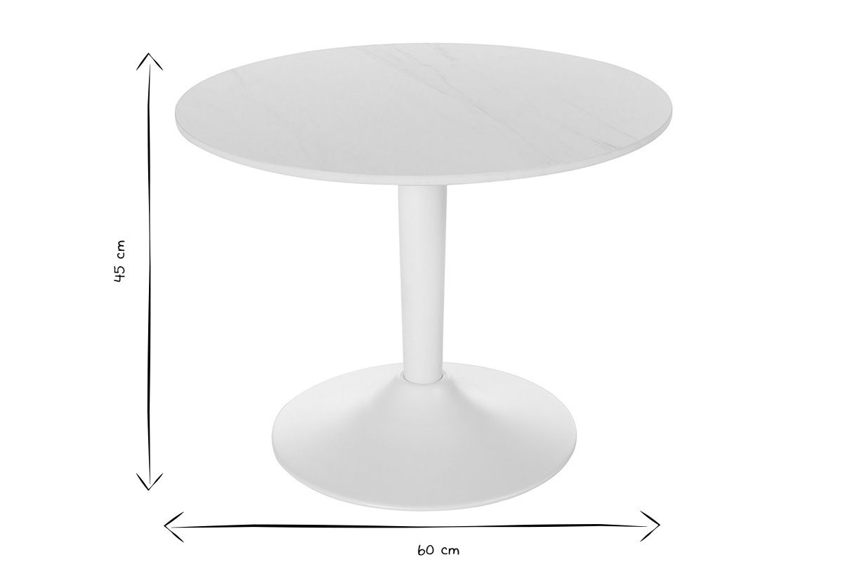 Dimensions de la table basse MALOU ronde, D60 cm, H45 cm, vue de face, en noir et blanc.
