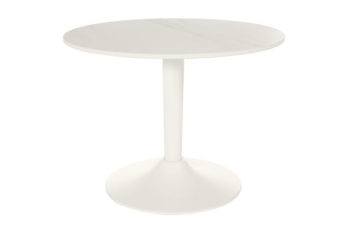 Table basse ronde en c�ramique blanche et m�tal, vue de c�t�.