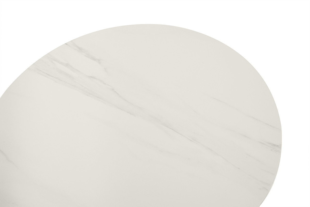 Table basse ronde en c�ramique blanche, vue du dessus.