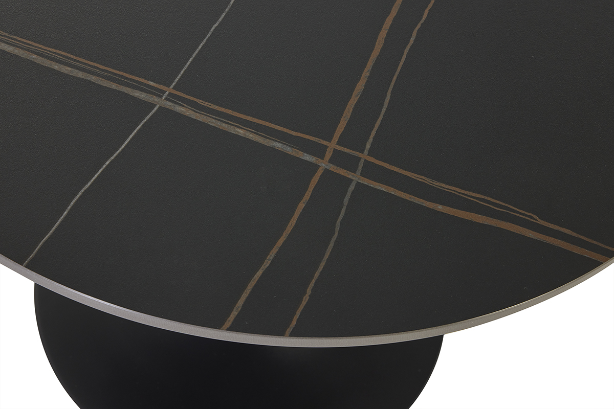 Table basse ronde en c�ramique noire avec lignes color�es vue de dessus.
