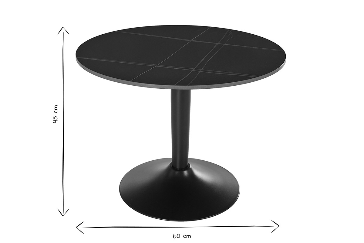 Table basse ronde en c�ramique noire, D60 cm, H45 cm, vue de profil en noir et blanc.