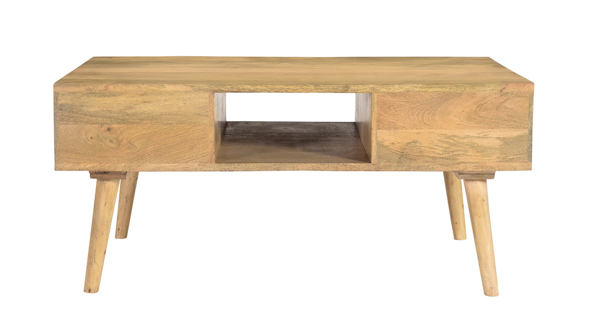 Table basse en manguier massif et tiroirs anthracite et doré rectangulaire L100 cm WALTER