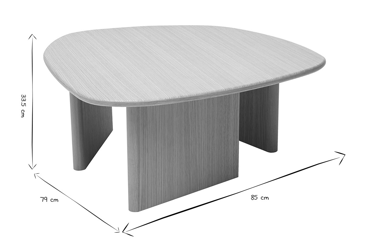 Table basse organique en bois clair L85 cm avec dimensions en noir et blanc.