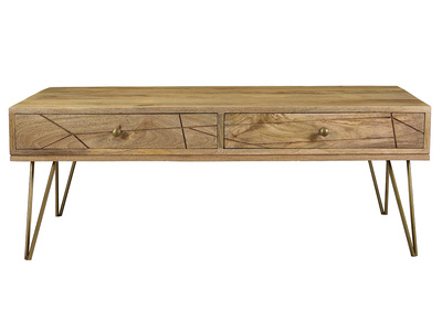 Table basse grav&eacute;e en manguier massif et m&eacute;tal dor&eacute; LINIUM