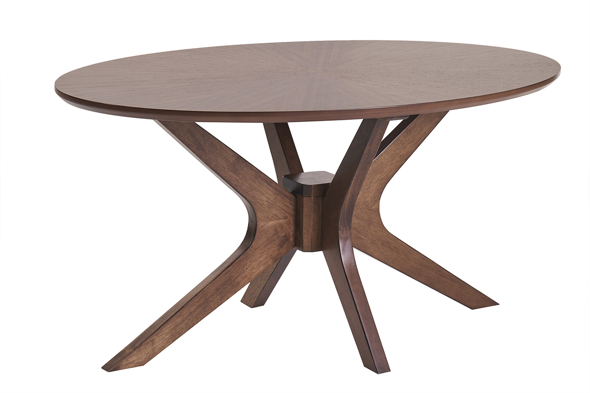 Table basse ovale en bois fonc noyer avec pitement crois et plateau motif toile de 90 cm