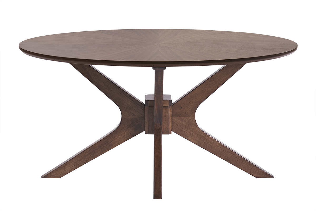 Table basse ovale bois fonc noyer DIELLI, L90 cm, plateau motif toile, pieds croiss.