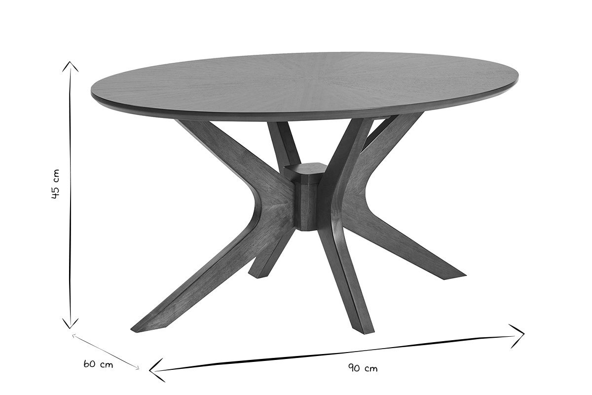 Table basse ovale en bois noyer fonc avec plateau sculptural et pitement crois, dimensions L90 cm.