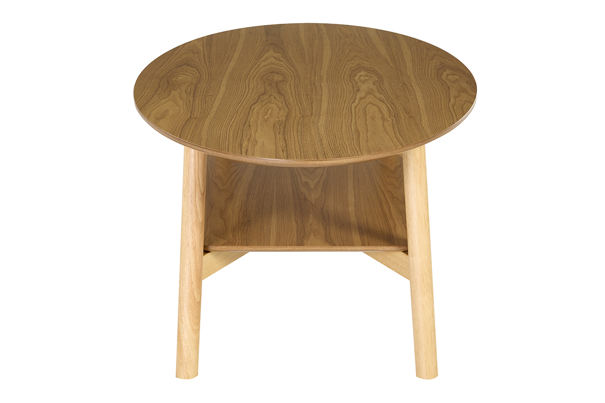 Table basse ovale en bois clair, vue de profil