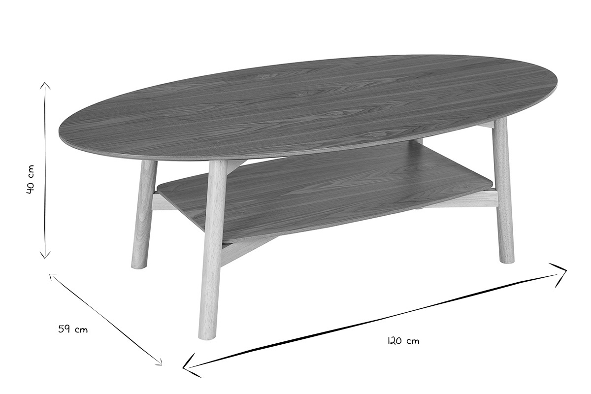 Table basse ovale en bois clair dimensions L120 x l59 x h40 cm en noir et blanc.