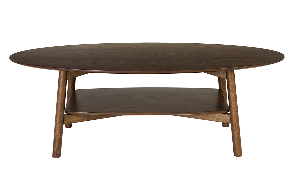 Table basse ovale en bois fonc�, vue de face, avec double plateau.