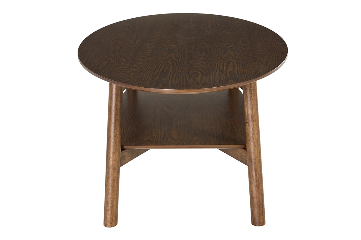 Table basse ovale en bois fonc� vue de profil, double plateau.