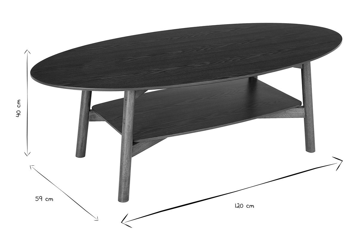 Dimensions de la table basse ovale HANAE en bois fonc�, L120 x l59 x H40 cm, vue en noir et blanc.