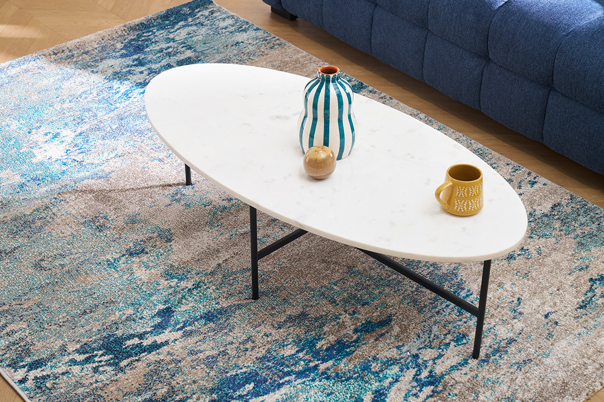 Table basse ovale en marbre blanc et mtal noir L115 cm CARRARE