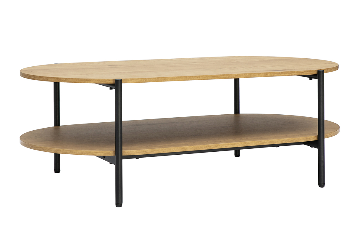 Table basse ovale en bois clair et mtal noir, vue de 3/4.