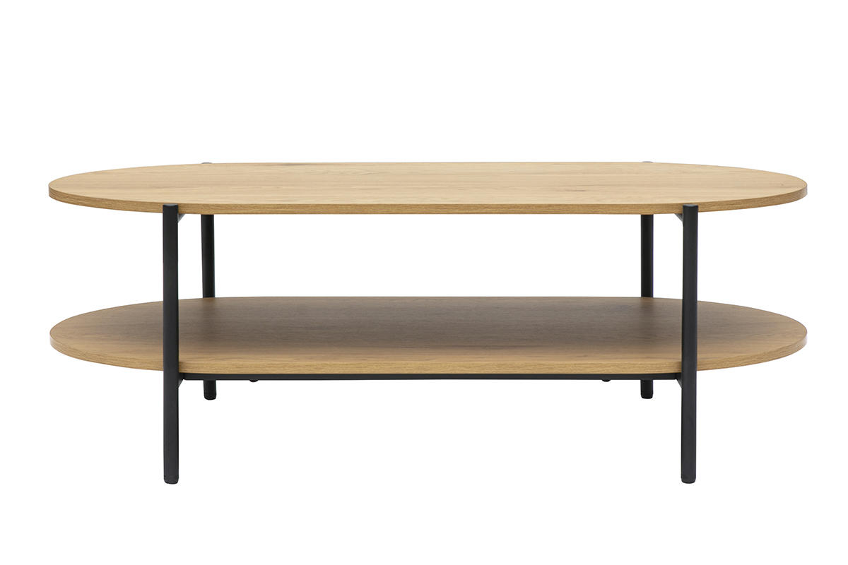 Table basse ovale en bois clair et mtal noir, vue de face, avec double plateau en chne.