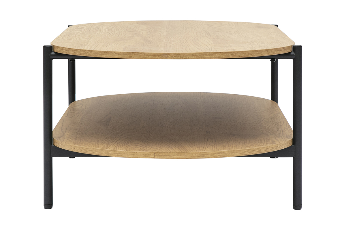 Table basse ovale en bois clair et mtal avec double plateau, vue de profil.