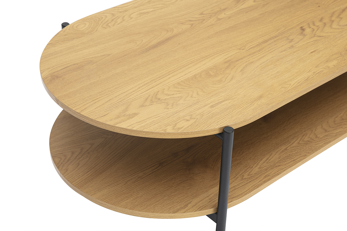 Table basse ovale bois clair et mtal, vue zoome de haut