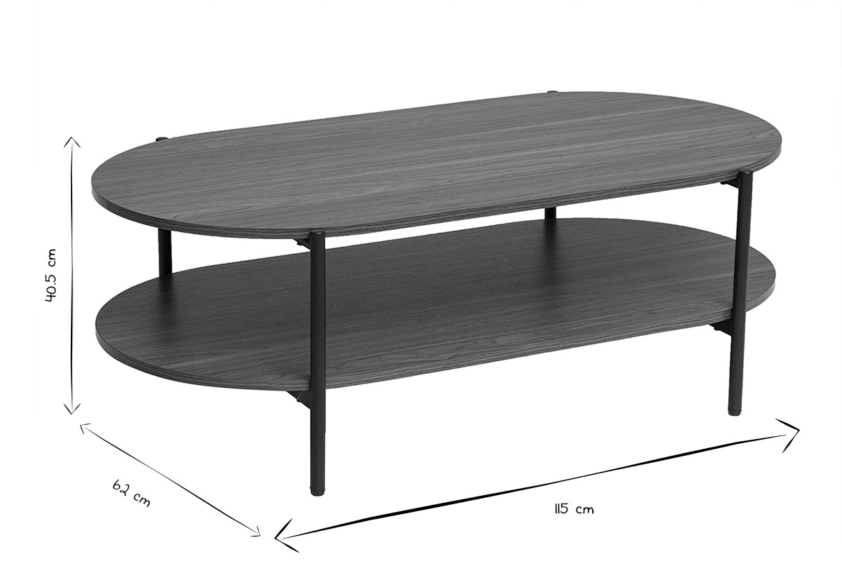 Table basse ovale BRUNA en bois fonc� et m�tal, dimensions L115 x H40,5 x P62 cm, vue d'angle, noir et blanc.