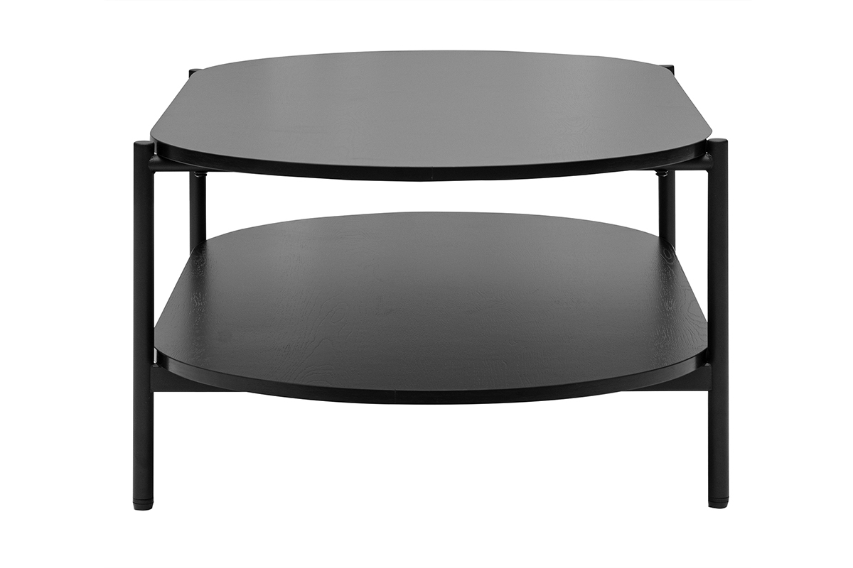 Table basse ovale noire avec double plateau en mtal, vue de profil.