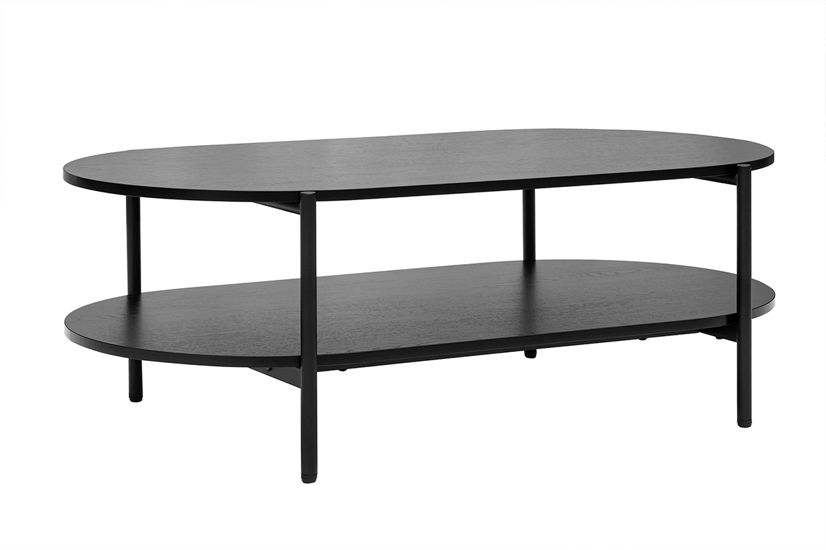 Table basse ovale noire en bois et mtal avec double plateau, vue de 3/4.