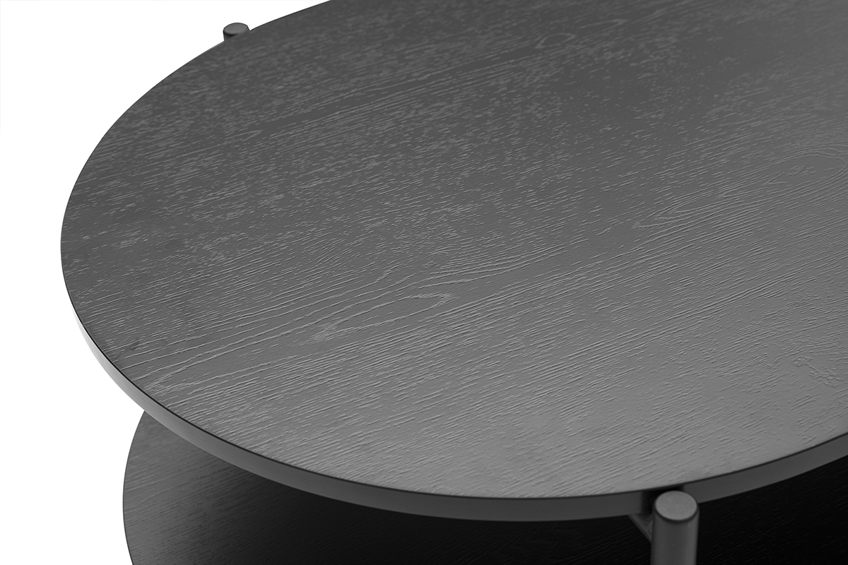 Table basse ovale en bois noir avec plateau suprieur et infrieur, vue zoome.