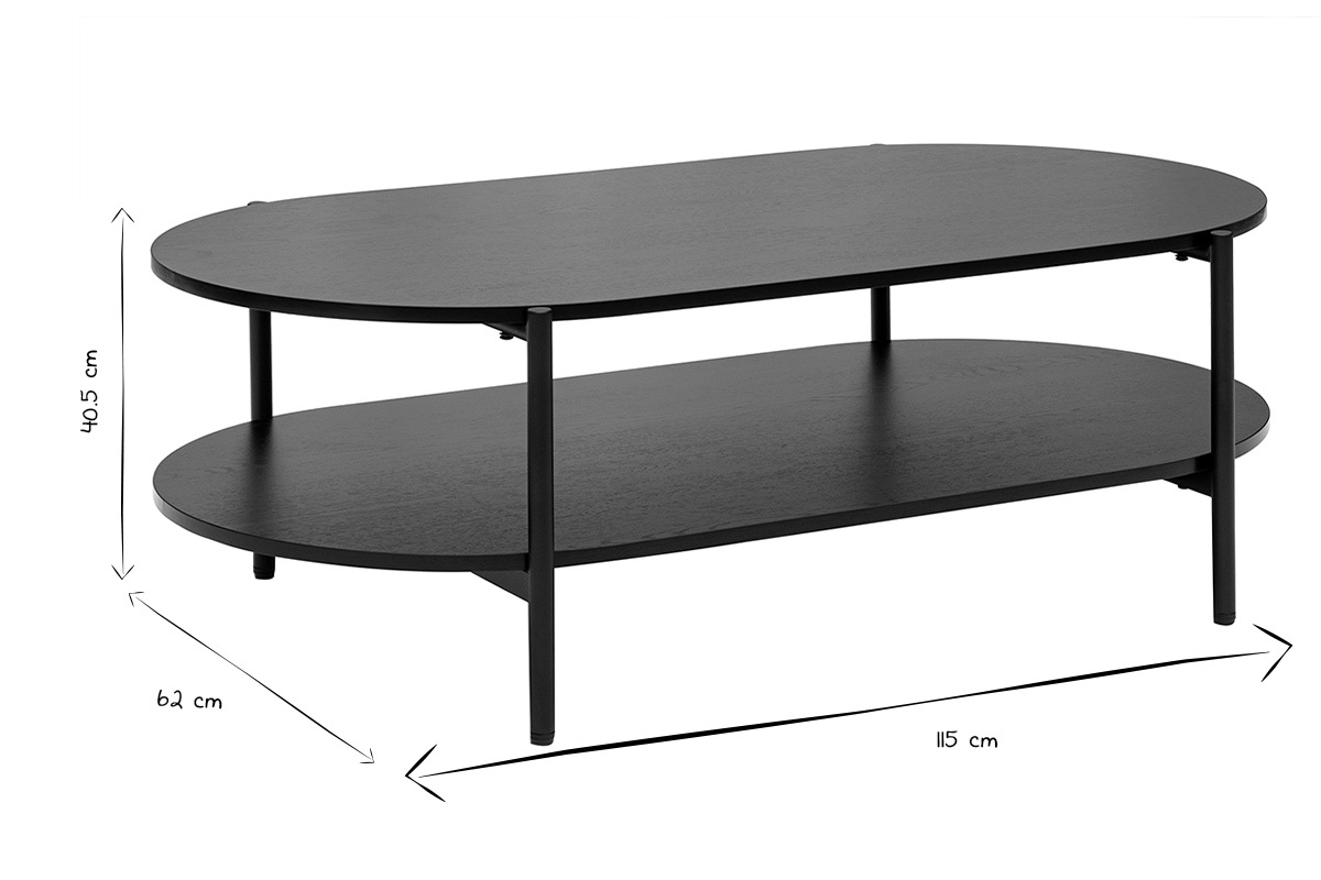 Table basse ovale noire 115x62x40,5 cm, vue de ct, en noir et blanc.
