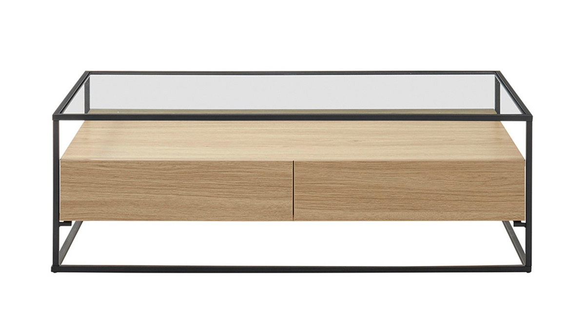 Table basse rectangulaire 2 tiroirs verre trempé, bois clair finition chêne et métal noir FINN